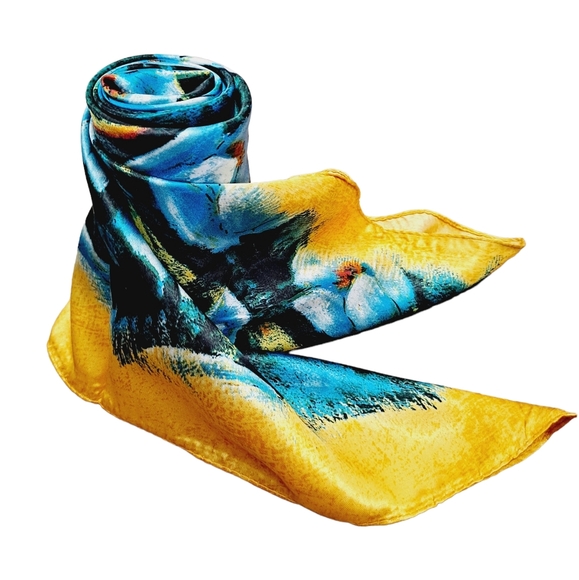 💖 2/$30 Boho blue yellow Floral square satin hair head & neck scarf - Picture 8 of 12